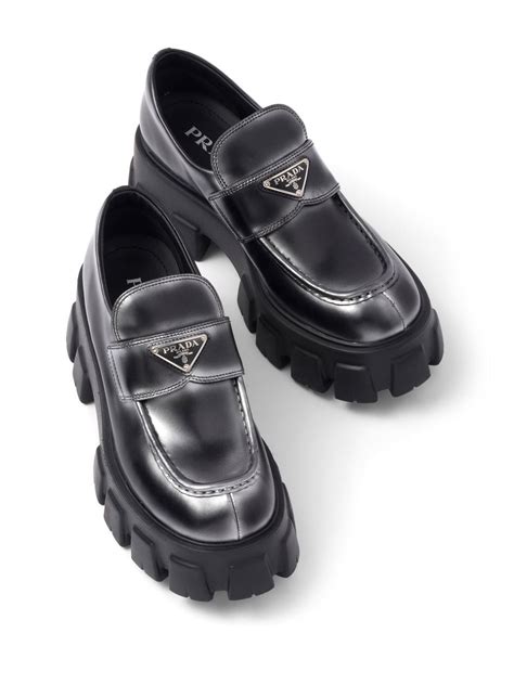 prada monolith pointed brushed leather loafers|prada high heeled loafers.